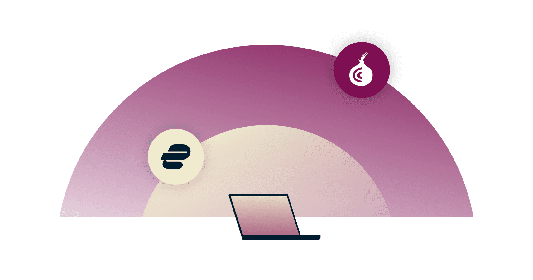 VPN、その上にTorによって遮蔽されたノートパソコンを表示するノートパソコン。